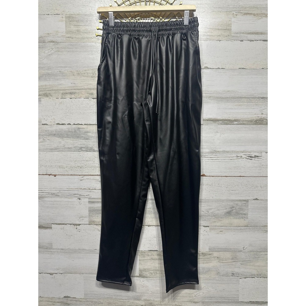 Cherish Pleather Drawstring Joggers Women Small Black‎ Faux Leather Pants NWT